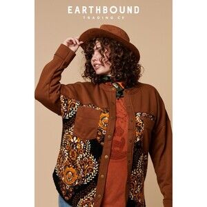 NEW Earthbound Trading Co Jacket XL Brown Floral Paisley Snap Shacket Top Boho